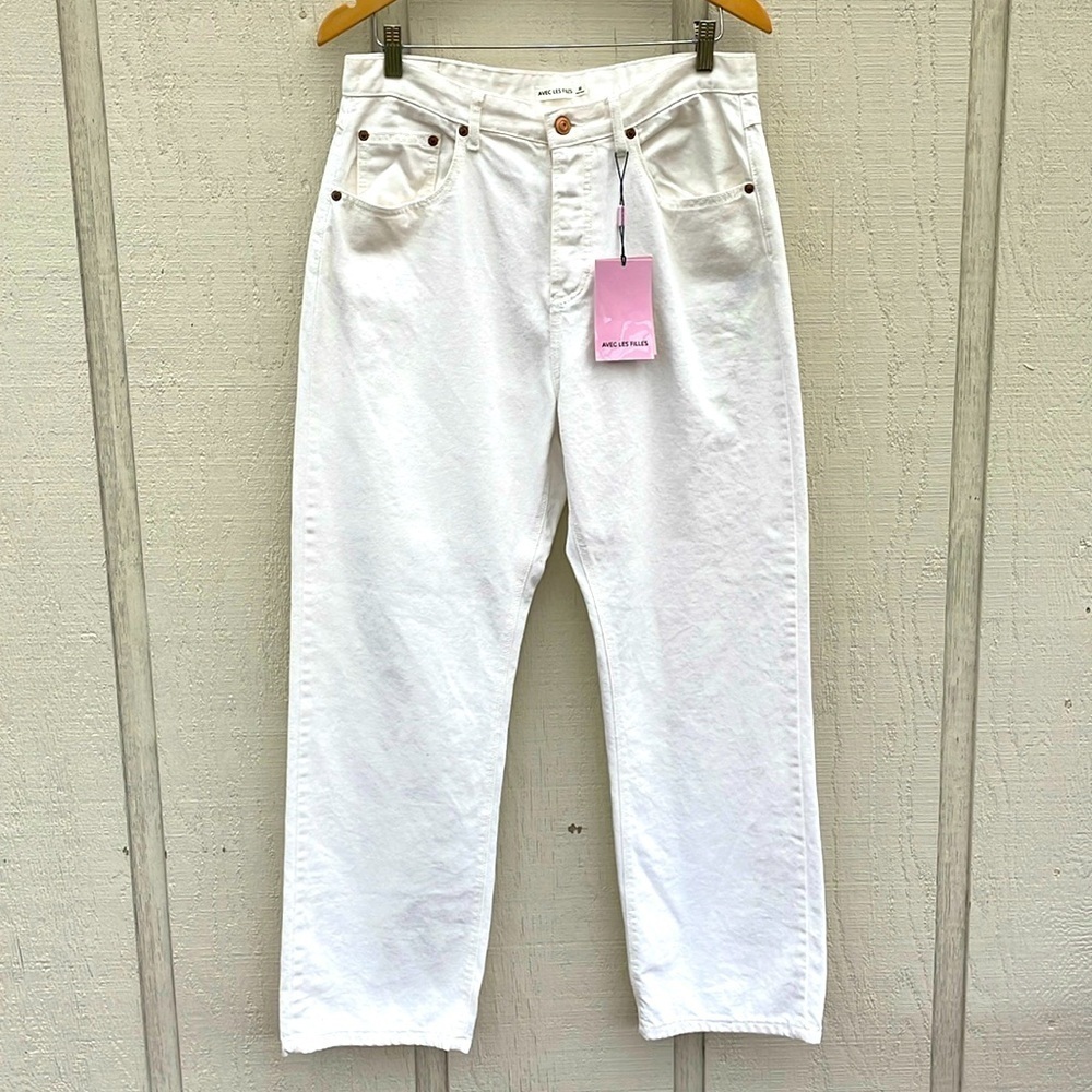 Avec Les Filles Women’s High Rise Jeans Size 30 White Button Fly Straight Leg